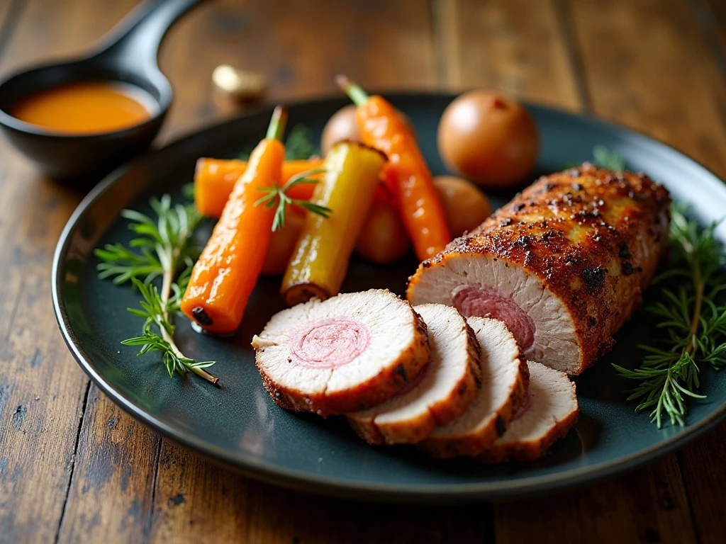Sliced pork tenderloin served with roasted vegetables and potatoes