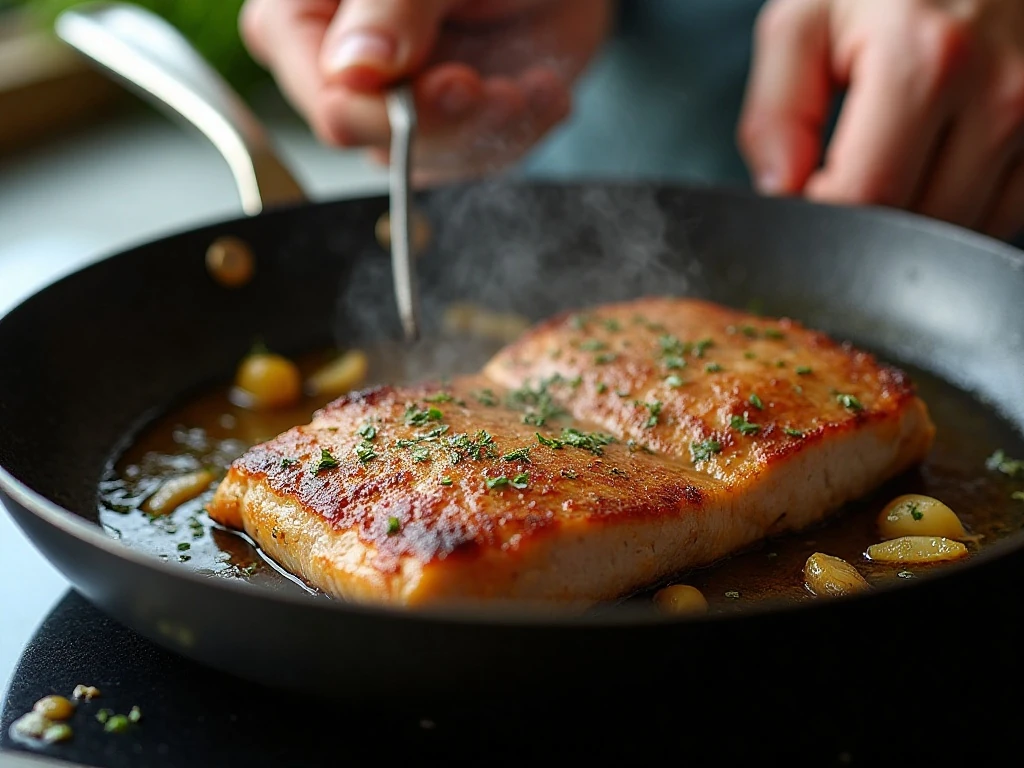 Pork tenderloin searing in an ovenproof skillet