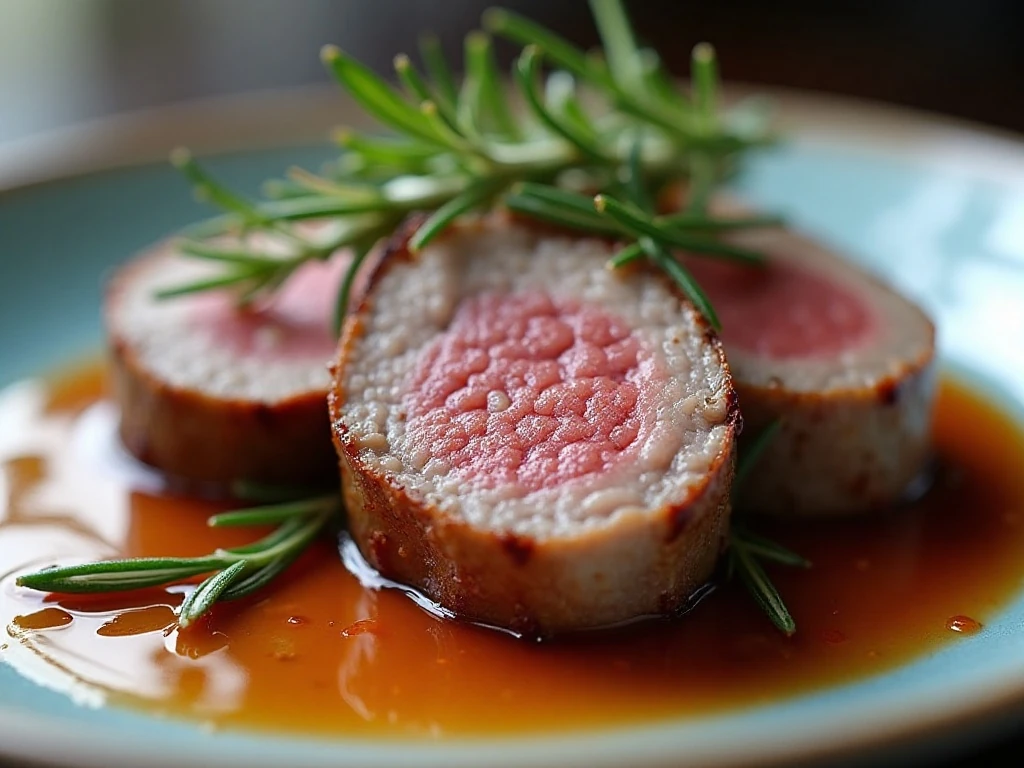 Close-up of sliced pork tenderloin with fresh herb garnish