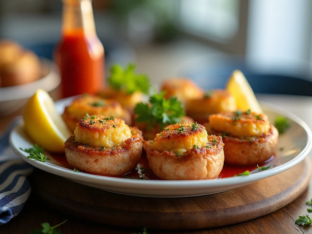 Portuguese-stuffed quahogs arranged on a serving platter with lemon wedges