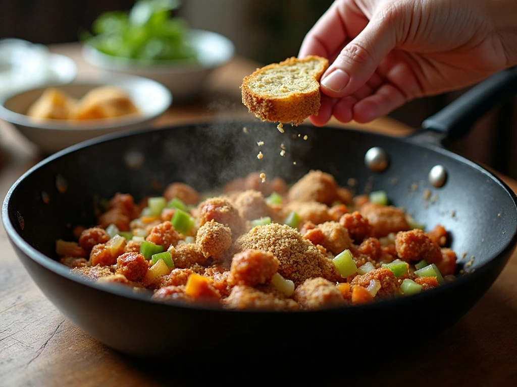 Chouriço, vegetables, clam meat, and breadcrumbs cooking together for stuffed quahogs