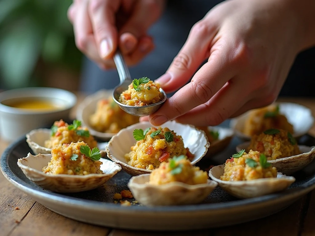 Moist clam stuffing being placed into clam shell halves
