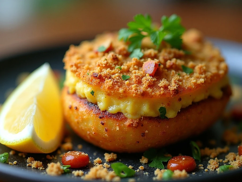 Close-up of a golden Portuguese-stuffed quahog with parsley and lemon