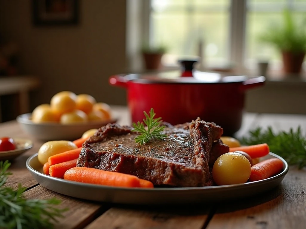 Classic pot roast with carrots and potatoes served family-style