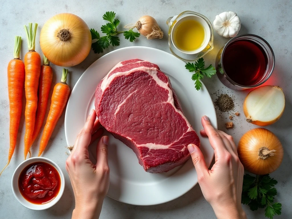 Ingredients for classic pot roast with carrots and potatoes