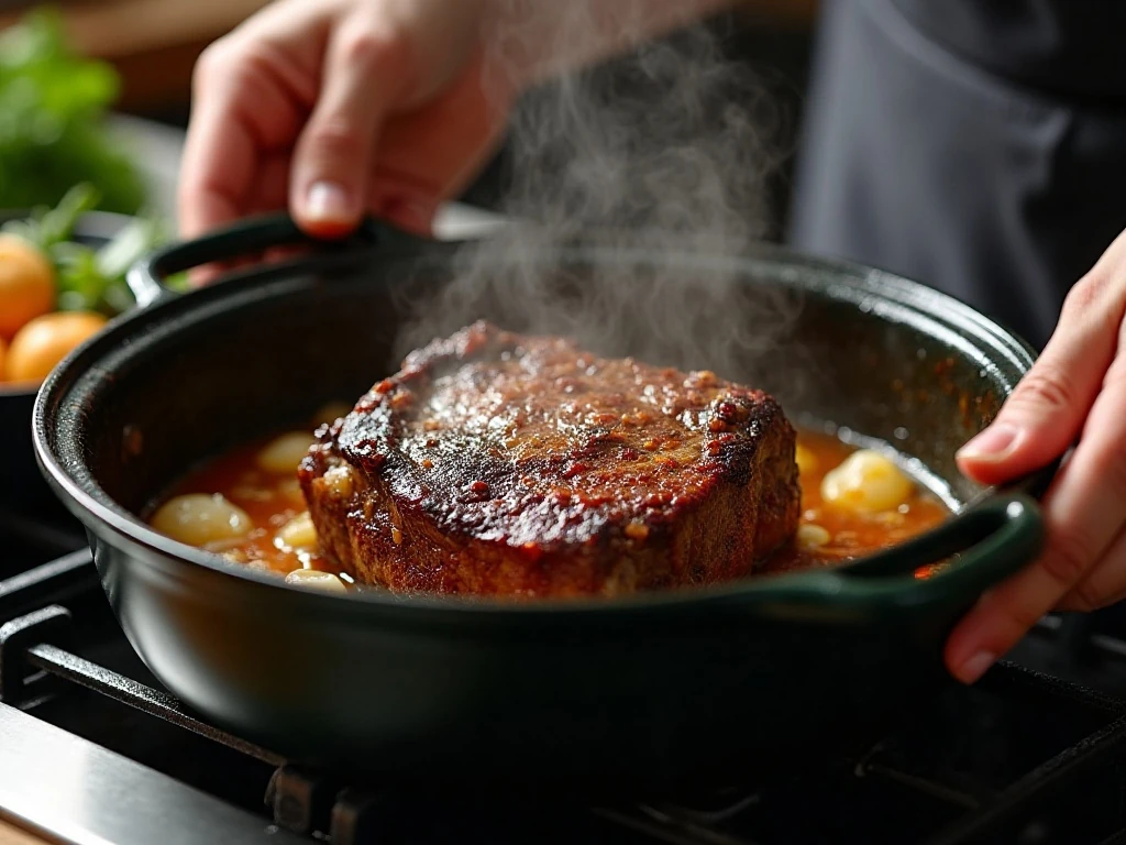 Searing a chuck roast in a Dutch oven for pot roast