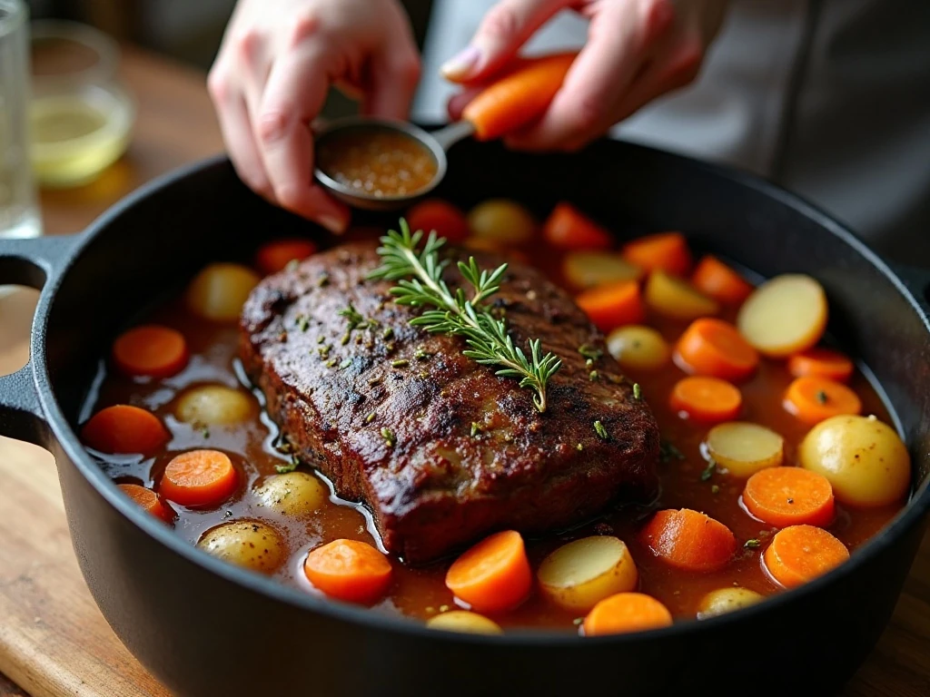 Adding carrots and potatoes to braising pot roast