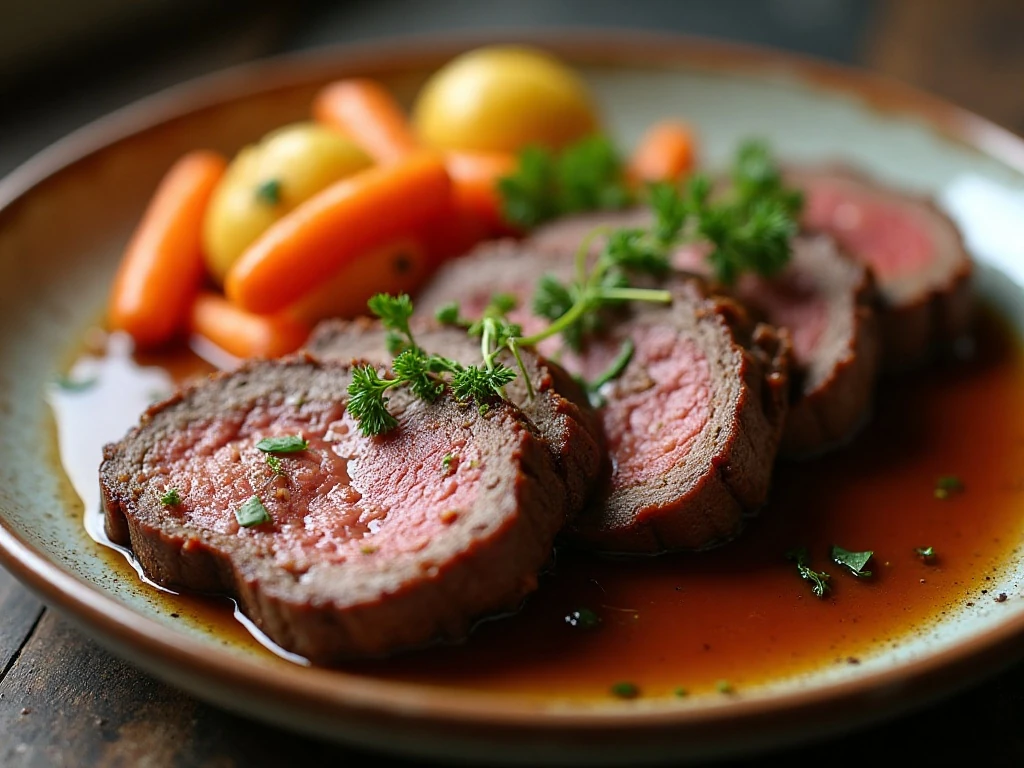 Tender sliced pot roast with vegetables and au jus