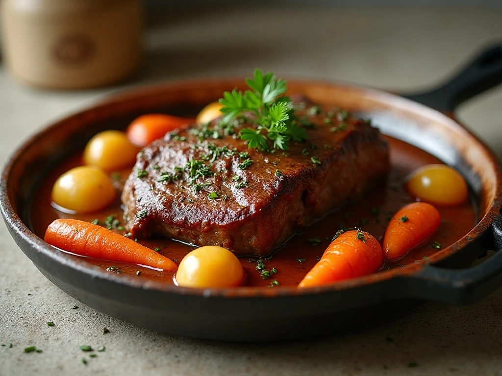 Finished classic pot roast dinner with carrots and potatoes