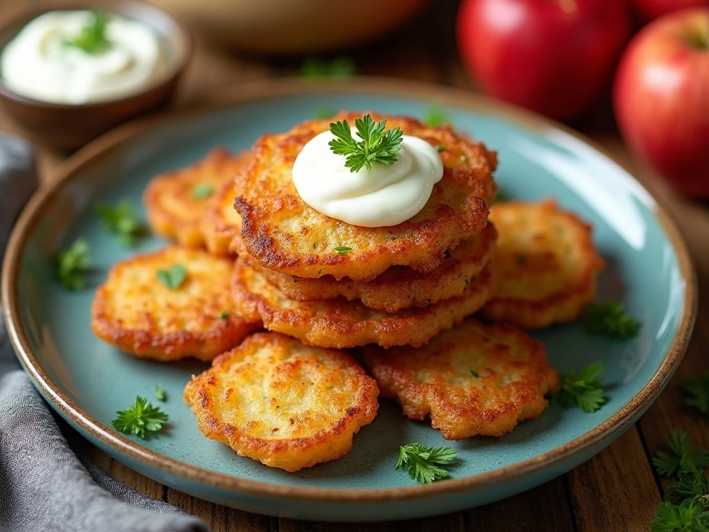Stack of crispy homemade potato fritters served with sour cream and applesauce