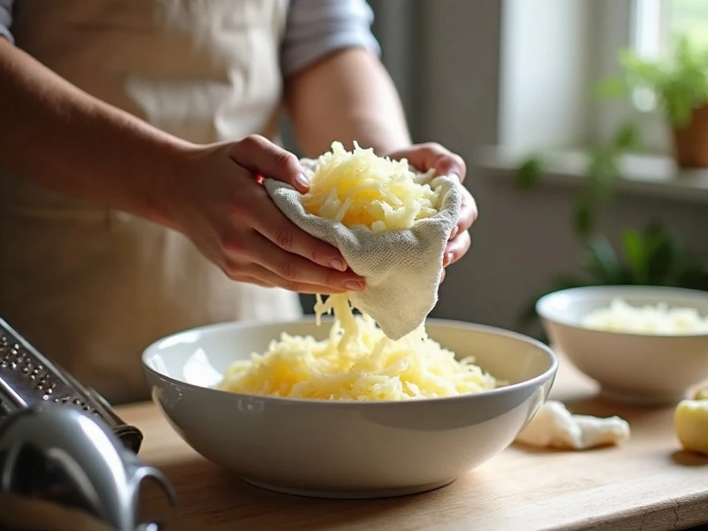 Squeezing grated potatoes and onion dry for crispy fritters