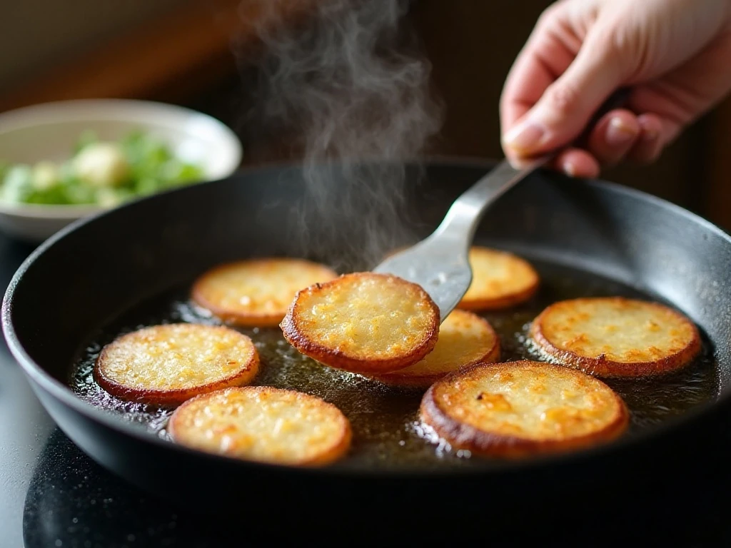 Thin potato fritters frying until golden and crisp in a skillet