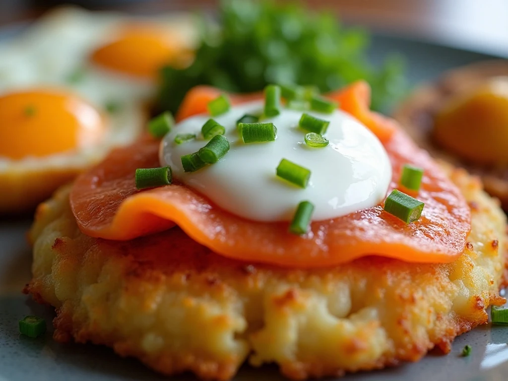 Crispy potato fritter topped with sour cream chives and smoked salmon