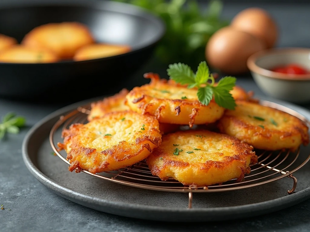Crispy potato fritters cooling on a wire rack before serving