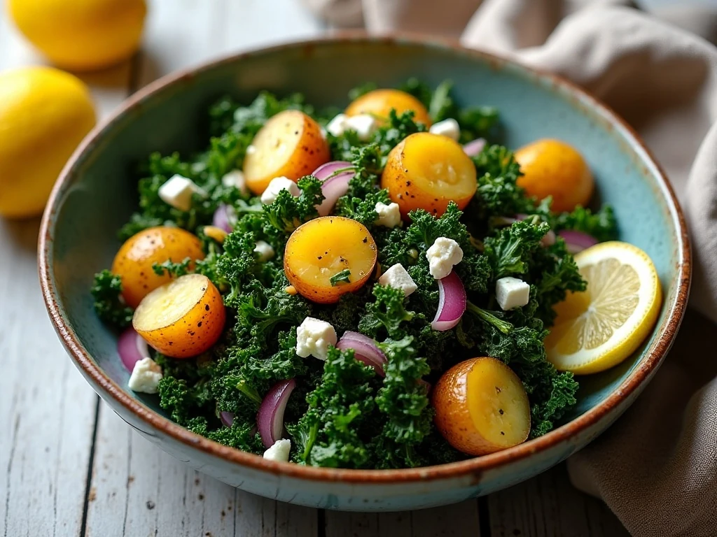 Colorful potato kale salad with tender potatoes, parsley, red onion, and feta