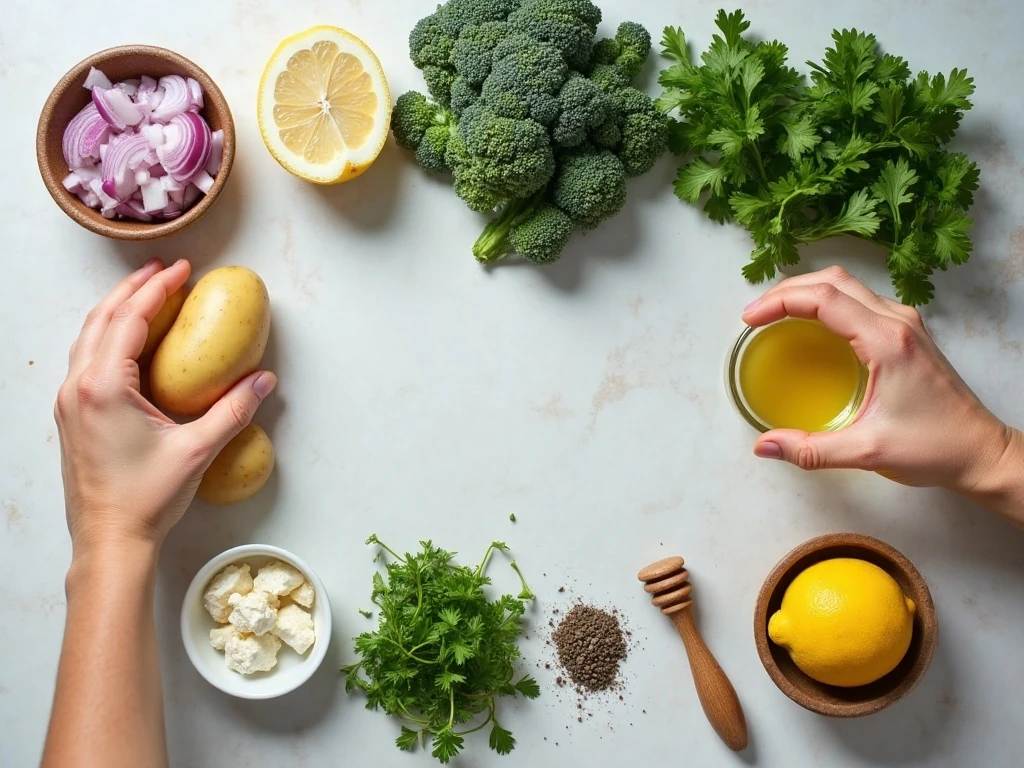 Ingredients for potato kale salad and lemon Dijon dressing