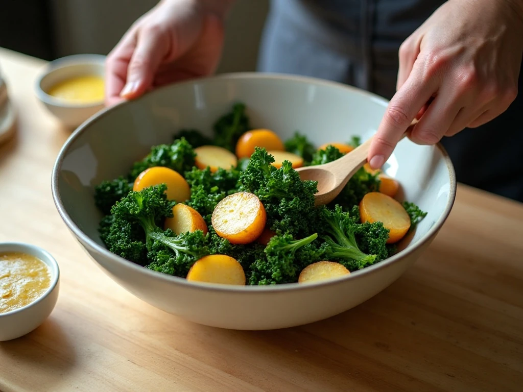 Tossing tender potatoes and massaged kale with dressing