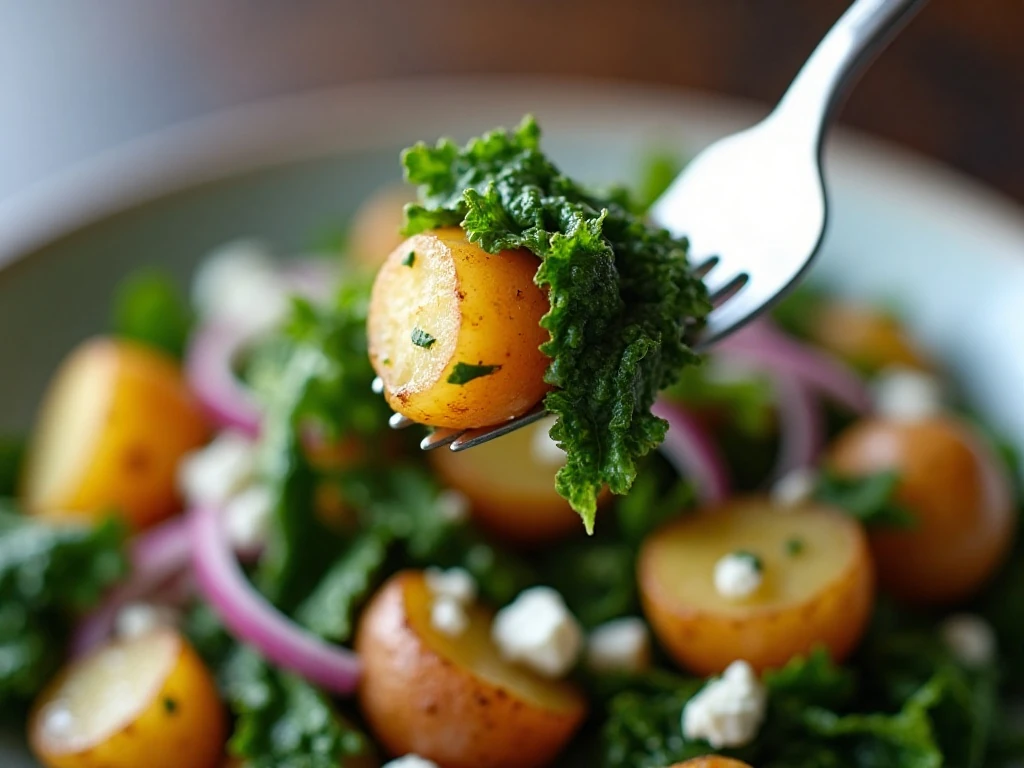 Close-up showing the tender potato and kale salad texture