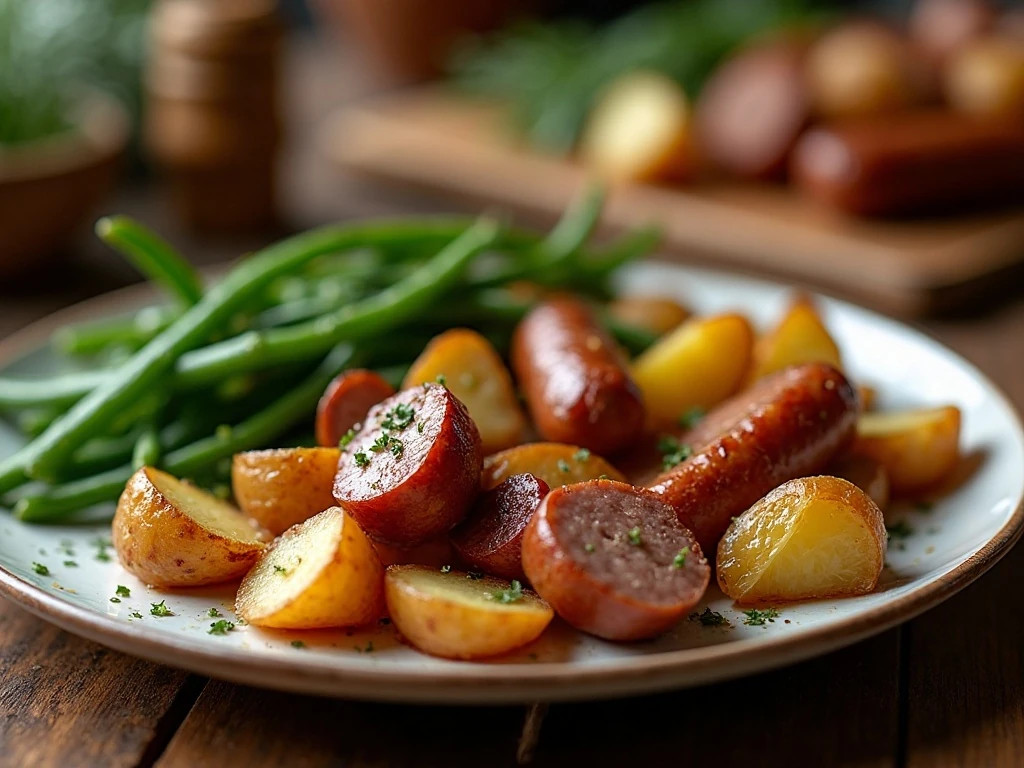 One-pan potatoes and green beans with browned sausage served for dinner