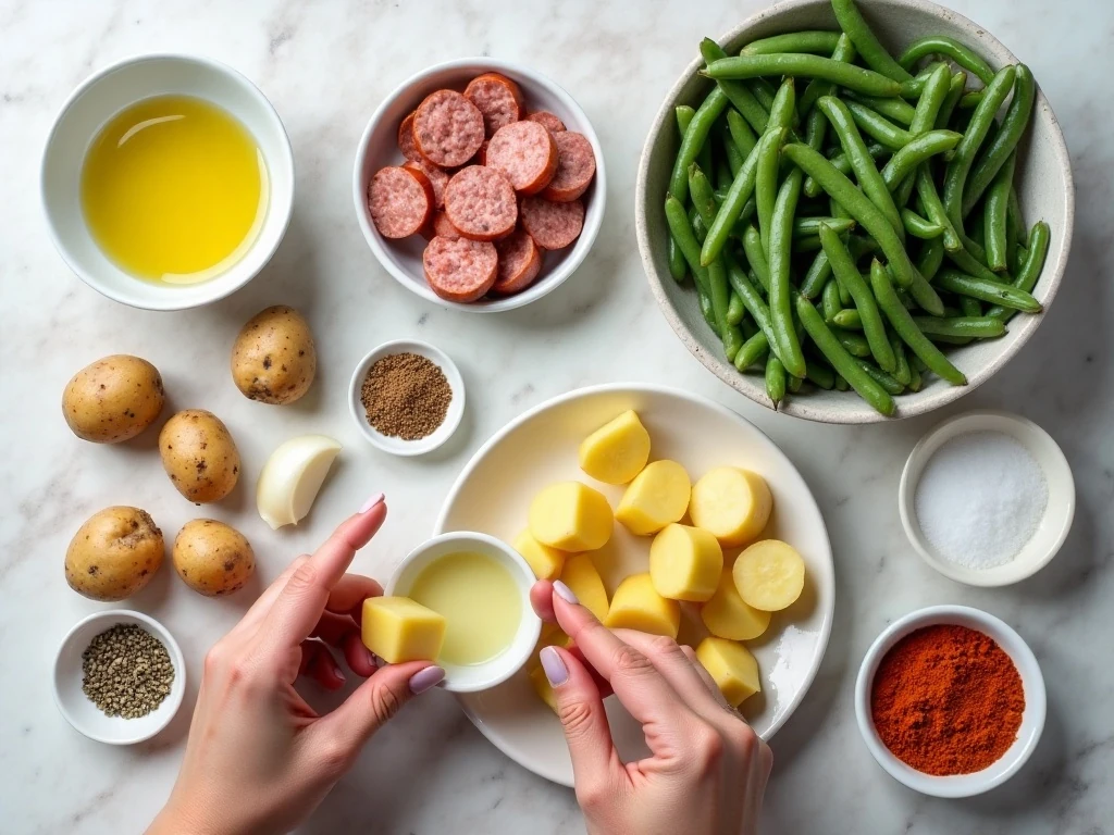 Ingredients for one-pan potatoes green beans and sausage