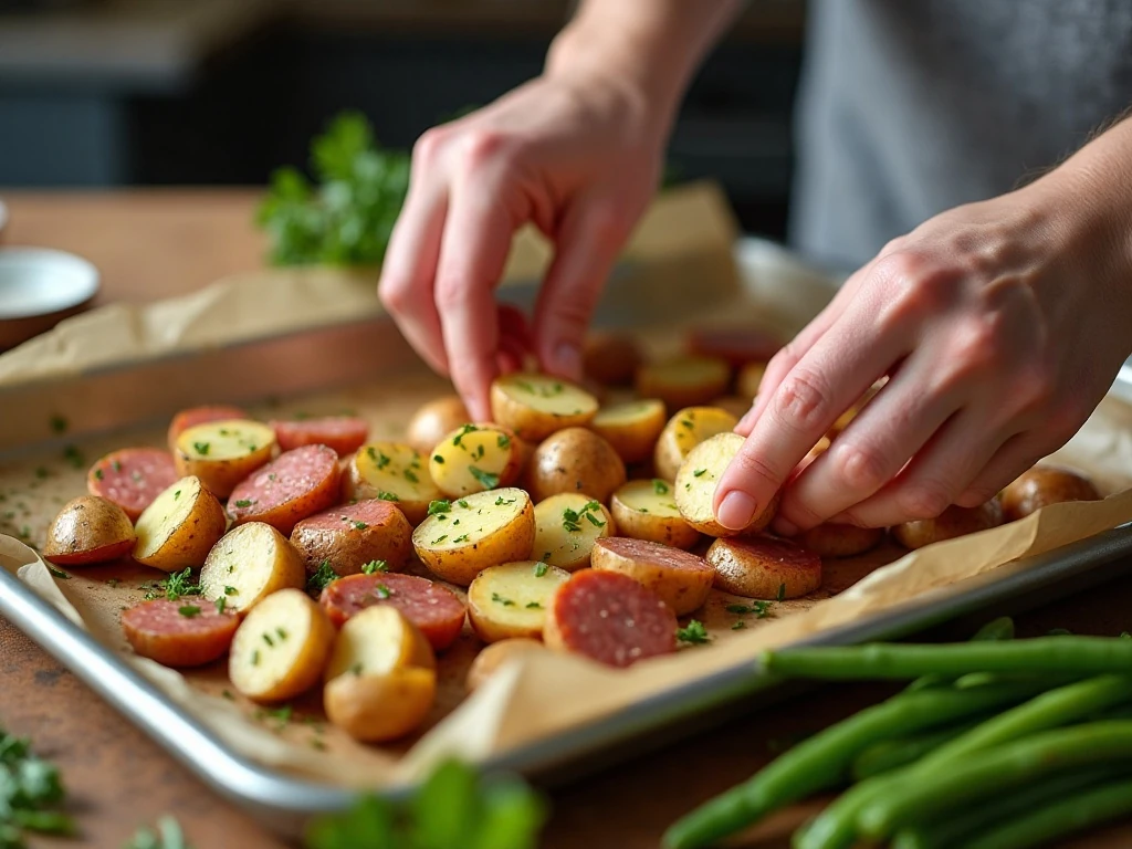 Arranging seasoned potatoes on a sheet pan before roasting