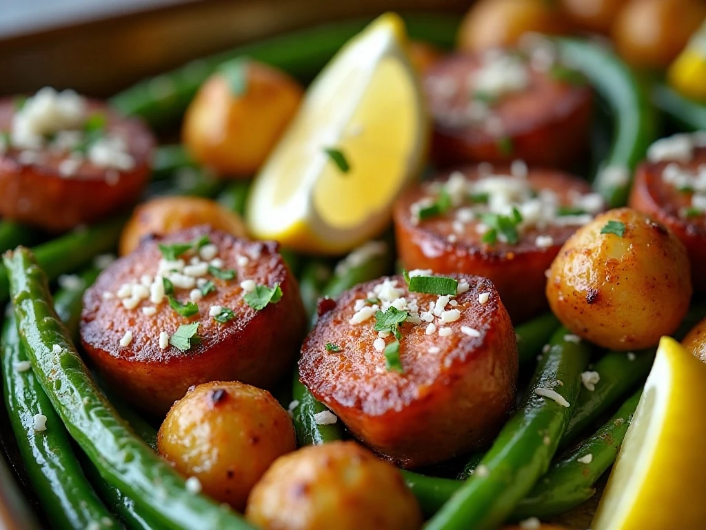 Sausage potatoes and green beans with lemon and Parmesan garnish