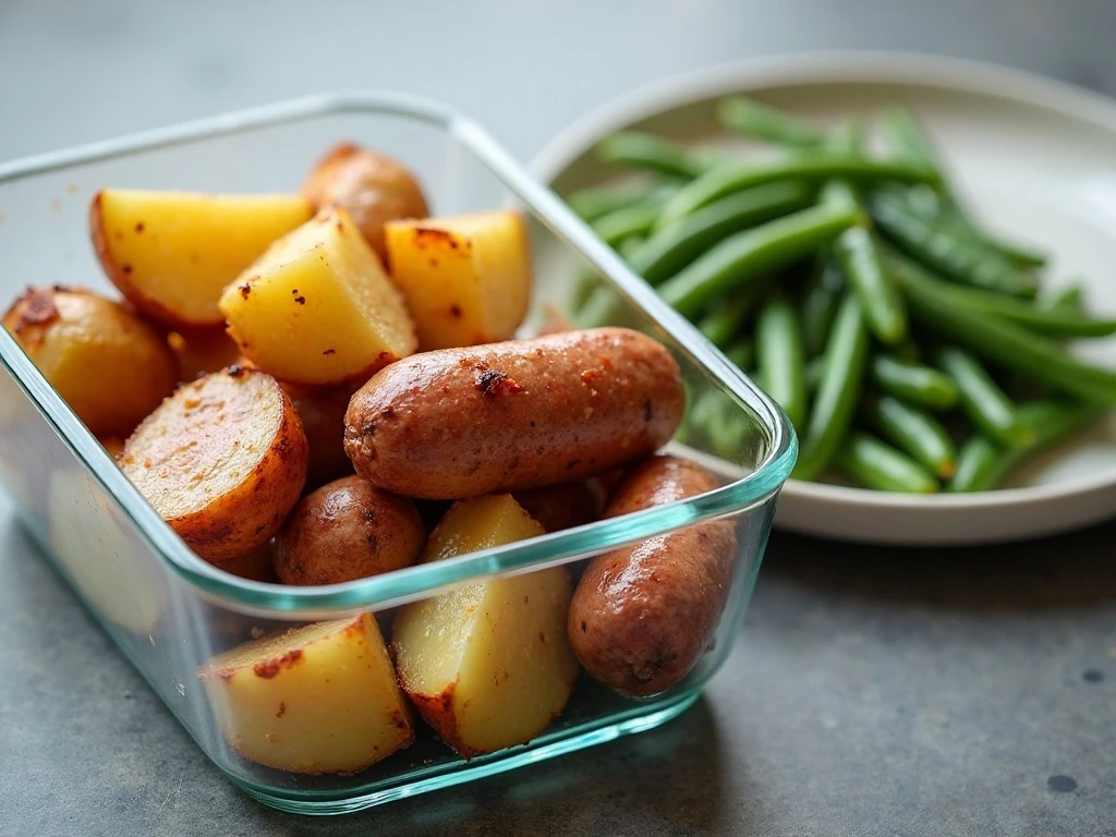 Stored and reheated one-pan sausage potato and green bean leftovers