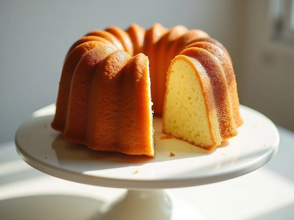 Moist golden pound cake sliced on a white cake stand