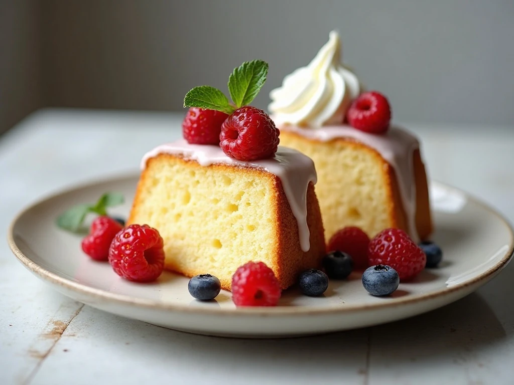 Pound cake slices with lemon glaze and fresh berries