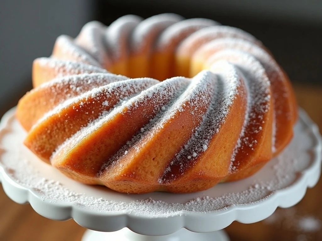 Golden powdered sugar doughnut cake on a cake stand