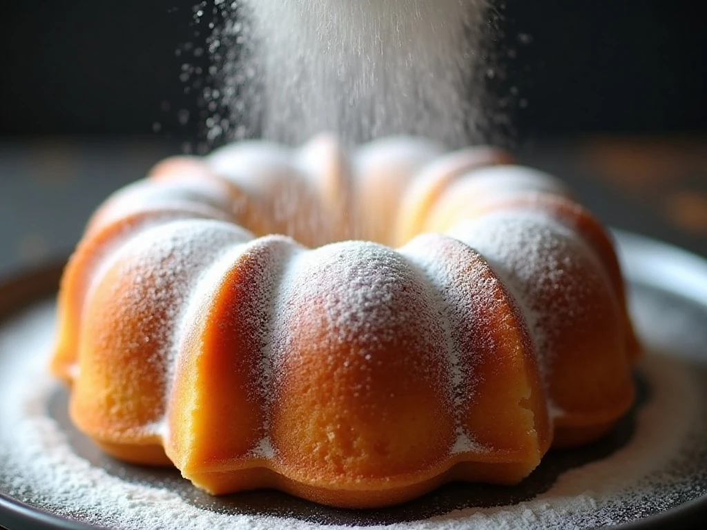 Powdered sugar dusting on doughnut Bundt cake