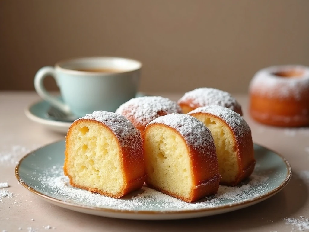 Sliced powdered sugar doughnut cake served with coffee