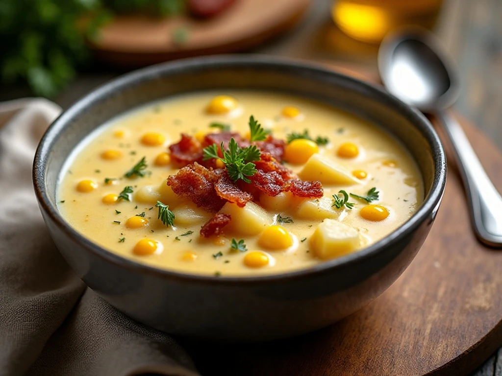 Creamy pressure cooker corn chowder with bacon, potatoes, corn, and herbs
