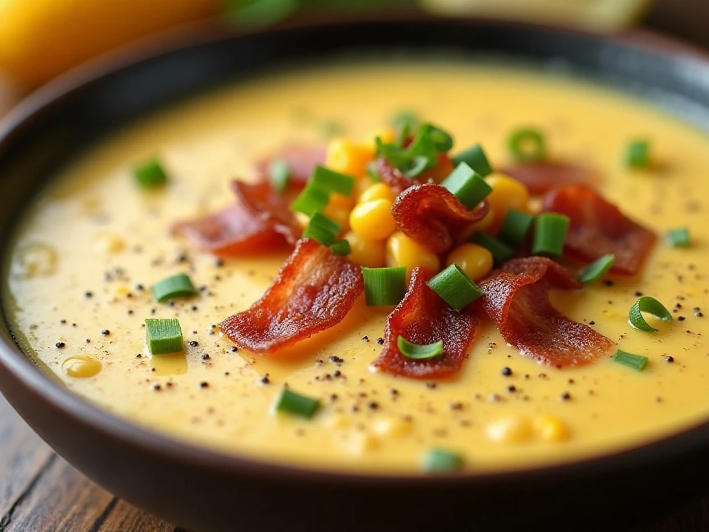 Corn chowder topped with bacon, chives, and black pepper