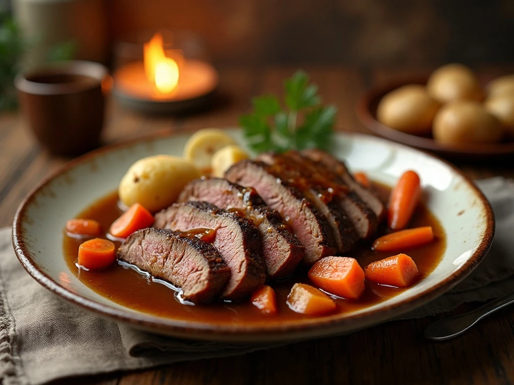 Tender pressure cooker pot roast served with carrots, potatoes, and gravy