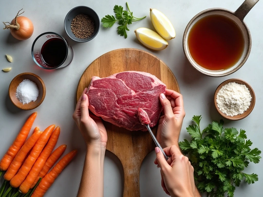Ingredients for pressure cooker pot roast arranged in a flat lay