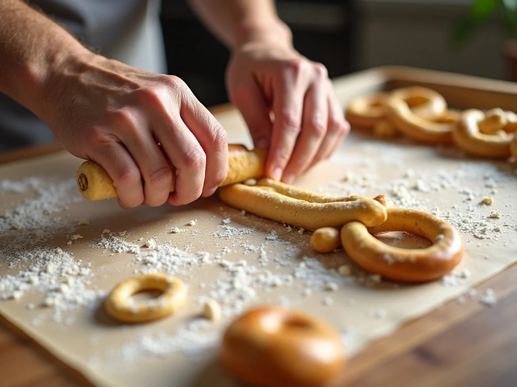 Rolling and cutting dough for cinnamon sugar pretzel bites