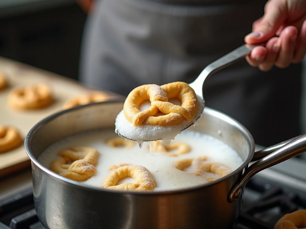 Pretzel bites in a baking soda bath before baking
