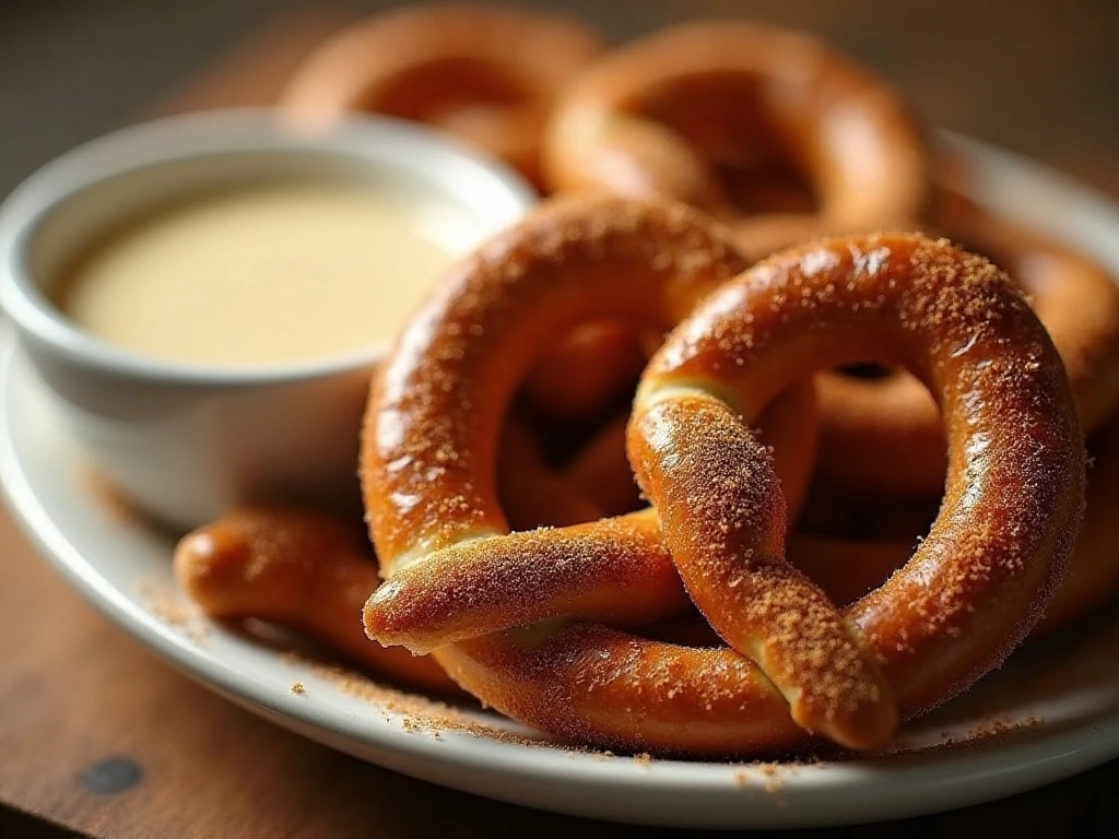 Cinnamon sugar coating on warm pretzel bites with dipping sauce