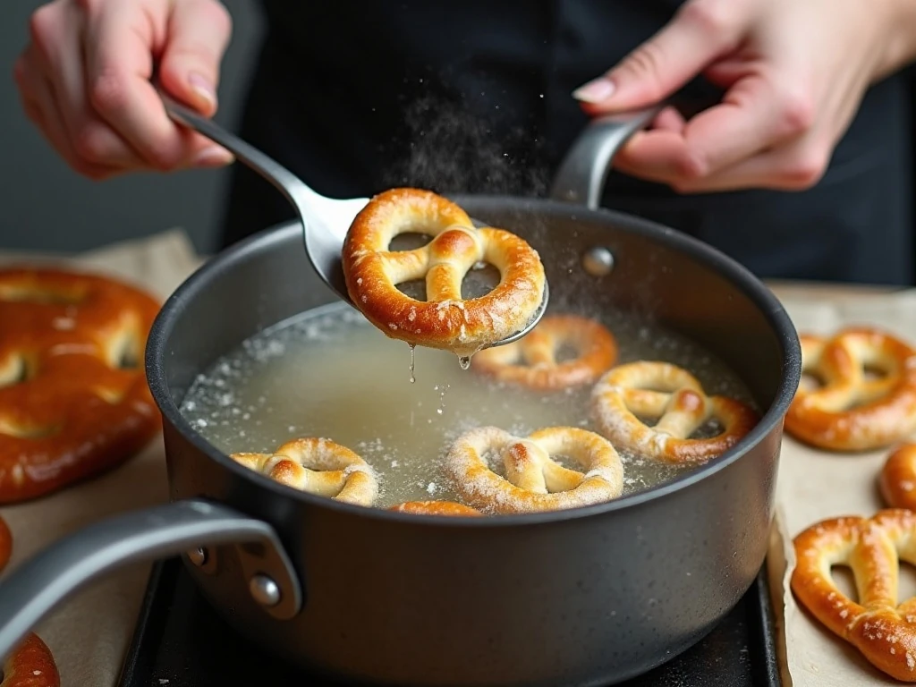 Pretzel bites cooking in a baking soda bath
