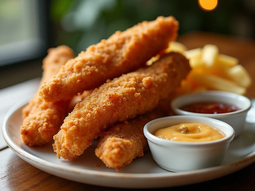 Crispy pretzel ranch chicken tenders served with dipping sauces