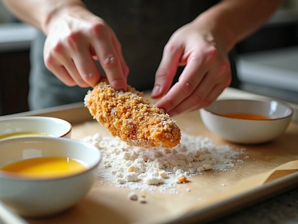 Breading chicken tenders with pretzel ranch crumbs