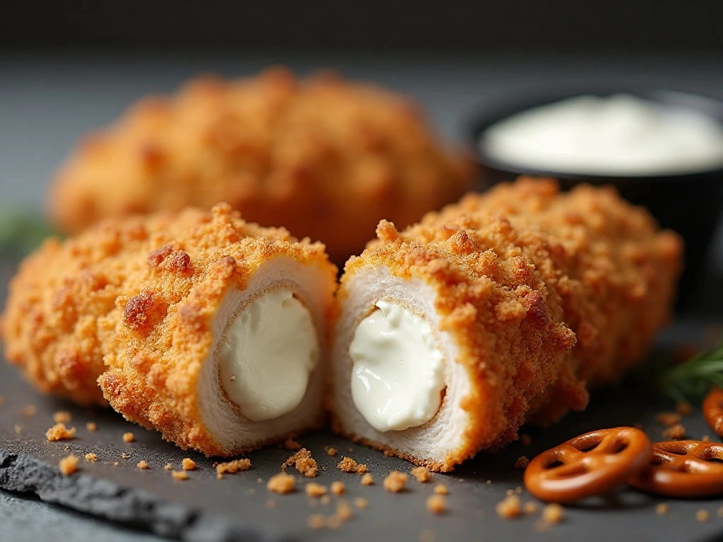 Close-up of the crisp pretzel coating on a chicken tender