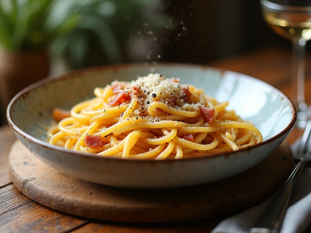 Bowl of creamy authentic spaghetti carbonara with crisp guanciale