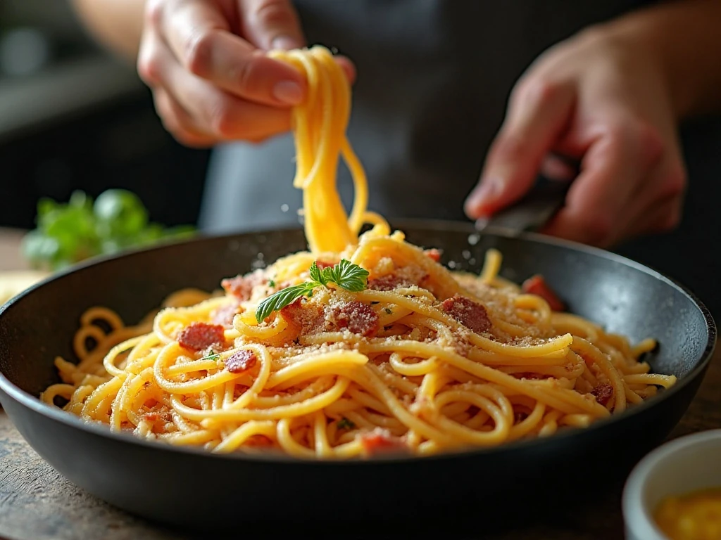 Spaghetti tossed with guanciale before adding the carbonara sauce