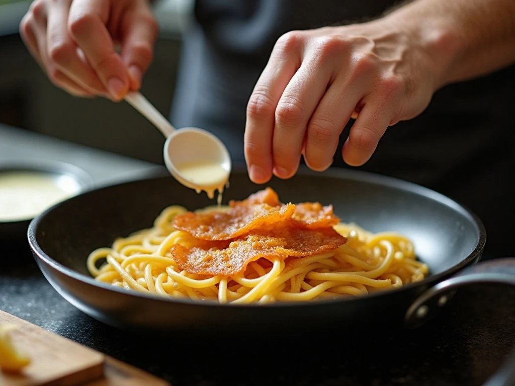 Guanciale rendering in a skillet for carbonara