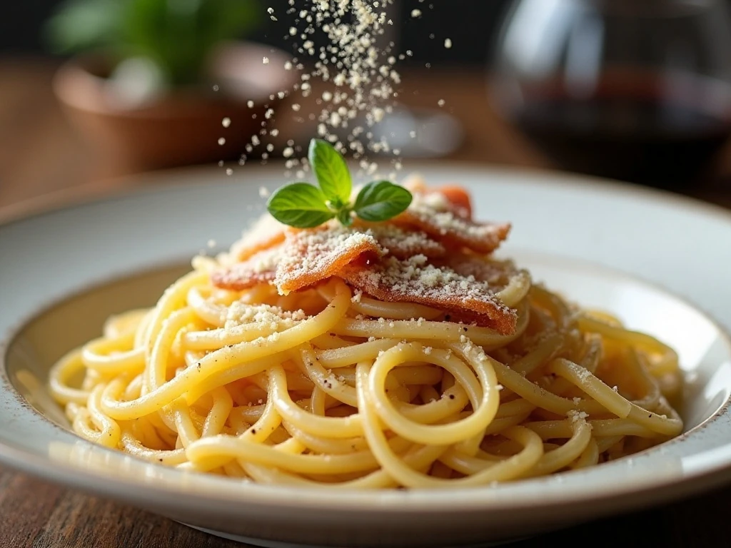 Pecorino Romano and black pepper garnishing spaghetti carbonara