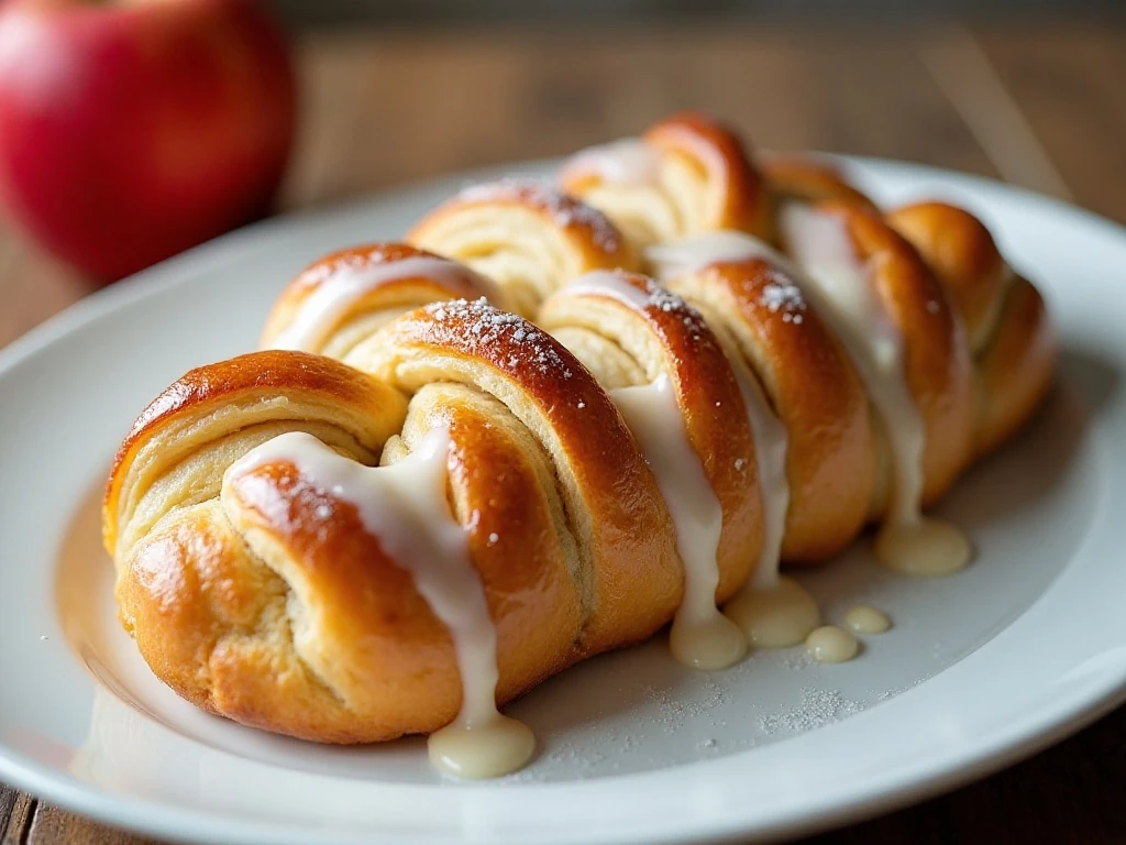 Golden puff pastry apple braid with white glaze on a serving platter