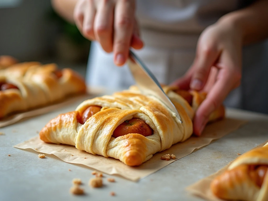 Preparing diagonal pastry strips around apple filling for a braid