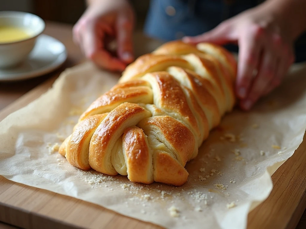 Unbaked apple braid prepared with crossed puff pastry strips